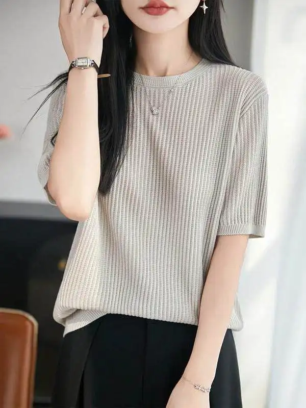 Spring Summer New Style Thin Five-Quarter Sleeve Twist Knitted Top Women Slimming Elegant Base Layer Shirt Standard Fit T-shirt