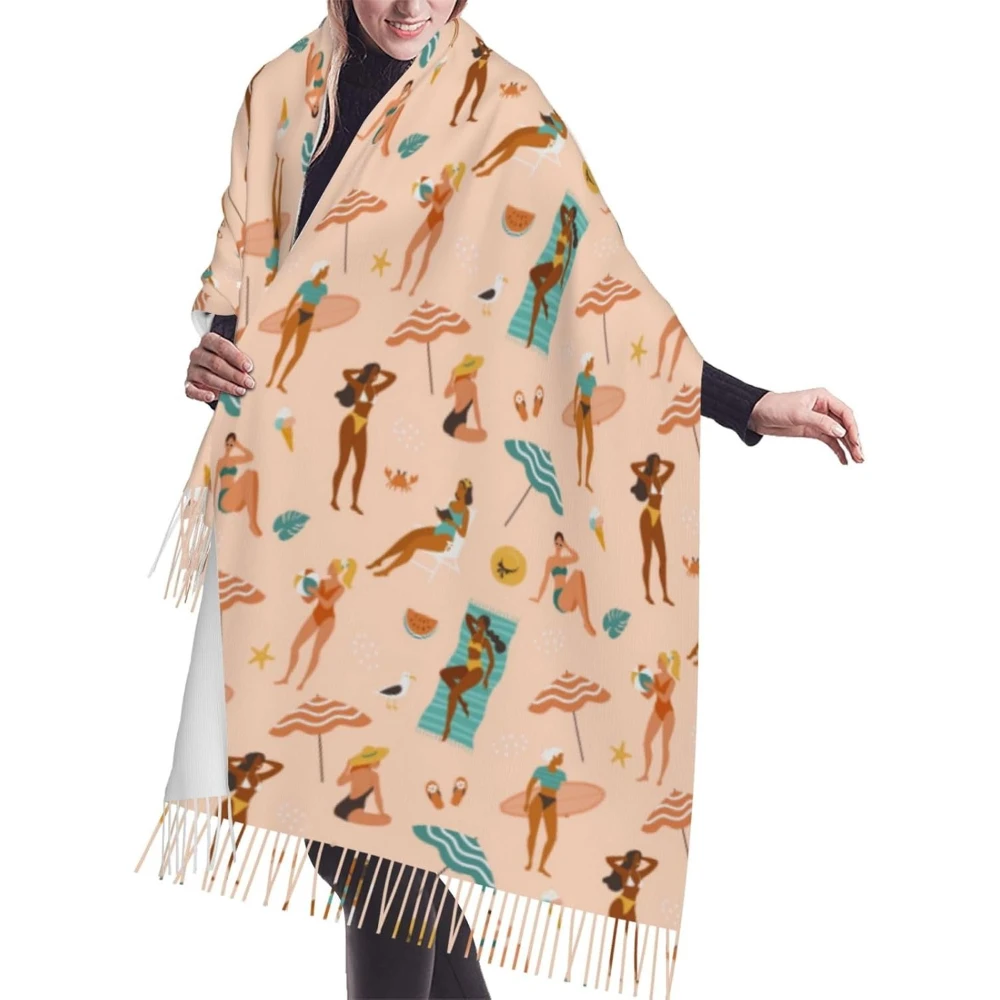 

Шарф праздничный бикини с узором для серфинга и самолетов, большой мягкий осенне-зимний толстый шарф с кисточками, теплая шаль для женщин и мужчин
