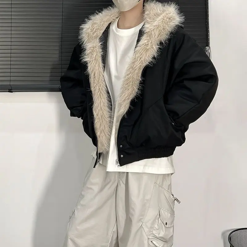 Winter Thick Jacket American Retro Woolen Collar Hooded Cotton Plush Top Men Street Hip-Hop Gothic Harajuku Oversize Jacket Coat