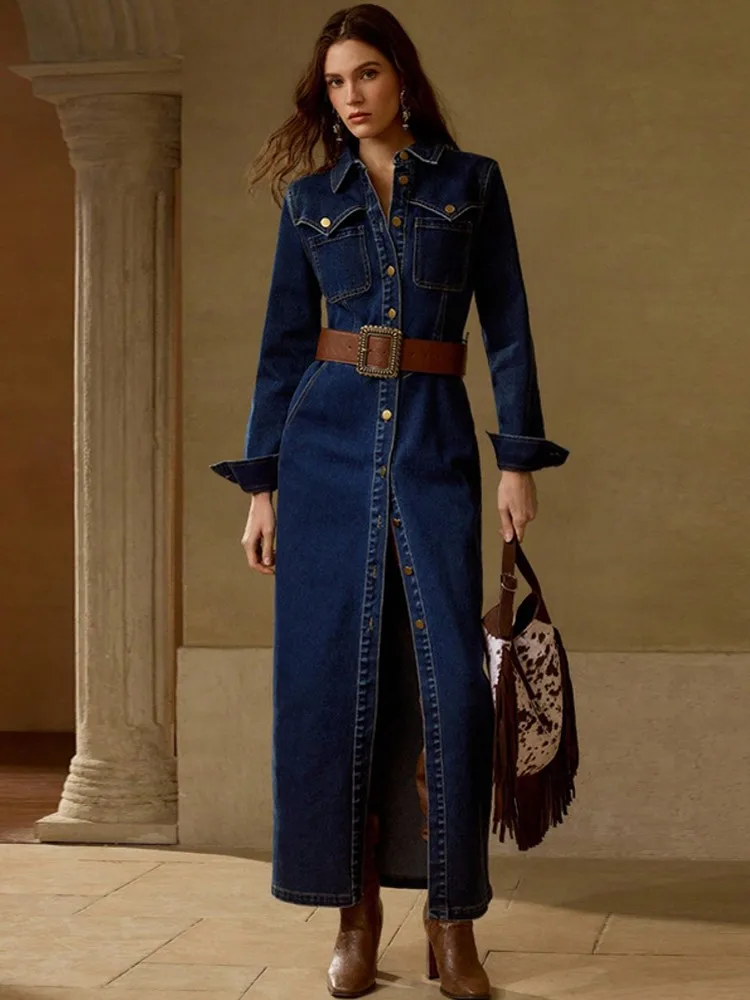 2026 ربيع الخريف موضة الدنيم فساتين الحفلات الرجعية المرأة مثير واحدة الصدر التلبيب قميص فستان عادية كم طويل بوهو فستان #3