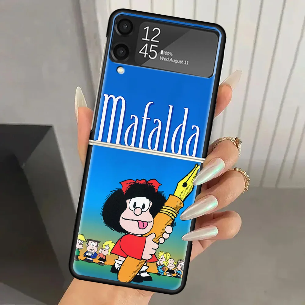 Mafalda Cartoon Hard PC Phone Case For Samsung Galaxy Z Flip 6 5 4 3 Black Cover ZFlip6 Flip5 Flip4 5G Foldable Print Cases