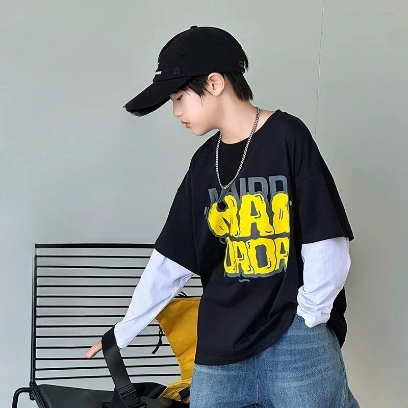 

Fake Two Pieces Printing Boy Children's Clothing T-shirt Clothes Boys 7 14 Years 2025 Kids Korean Wear Graphic Shirts Top Child