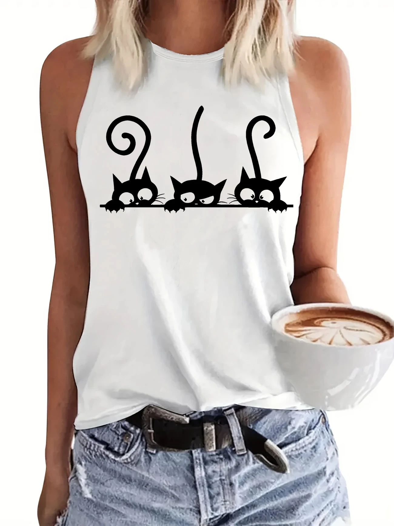 Süßes T-Shirt mit schwarzem Katzendesign, bedrucktes Weste-Tanktop mit Grafikdruck, ärmelloses Damen-Top mit Rundhalsausschnitt, lässiges Top für den Sommer und Frühling