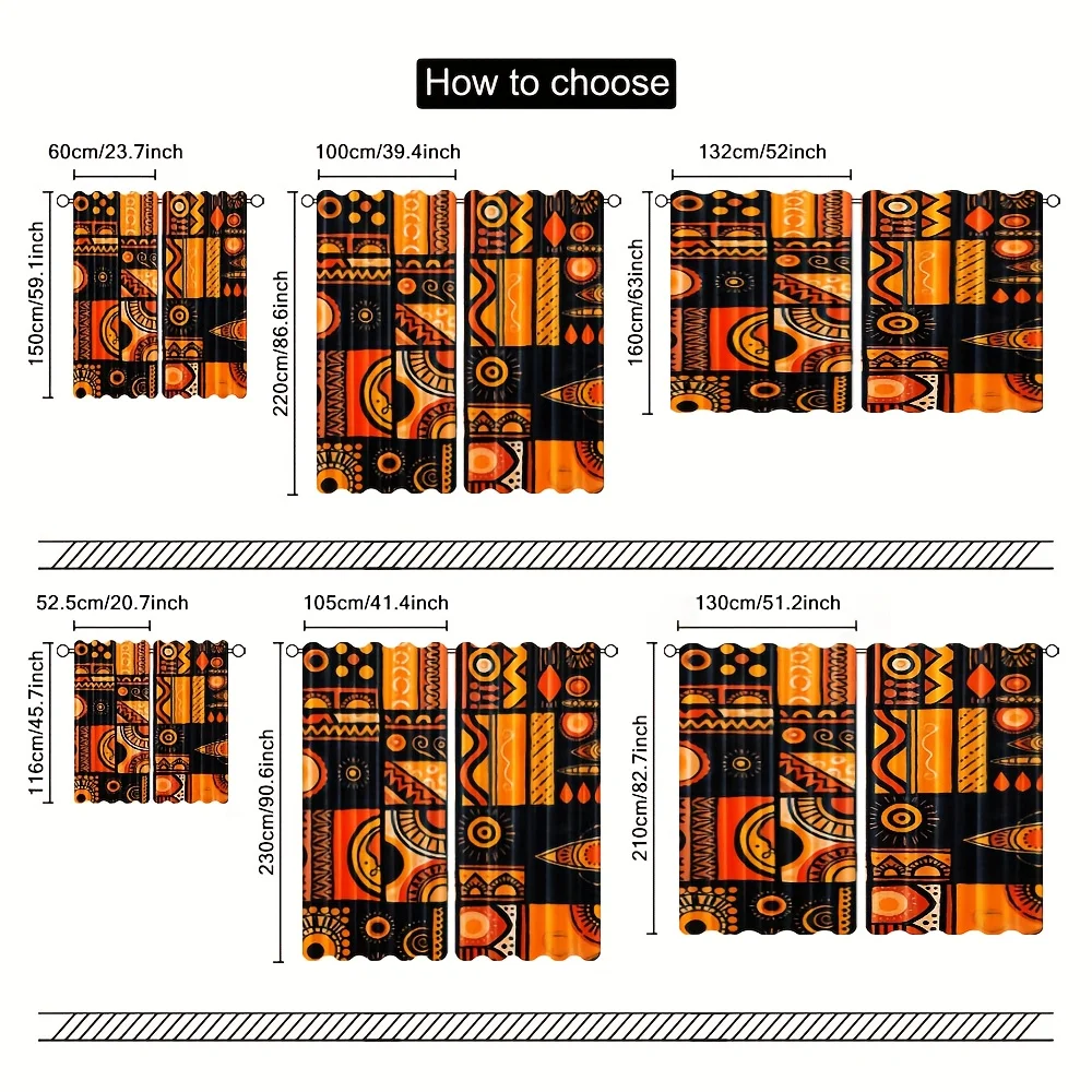 African Tribal Geometric Blackout Curtains - Orange and Black Ethnic Pattern Window Drapes for Living Room Bedroom Boho Decor
