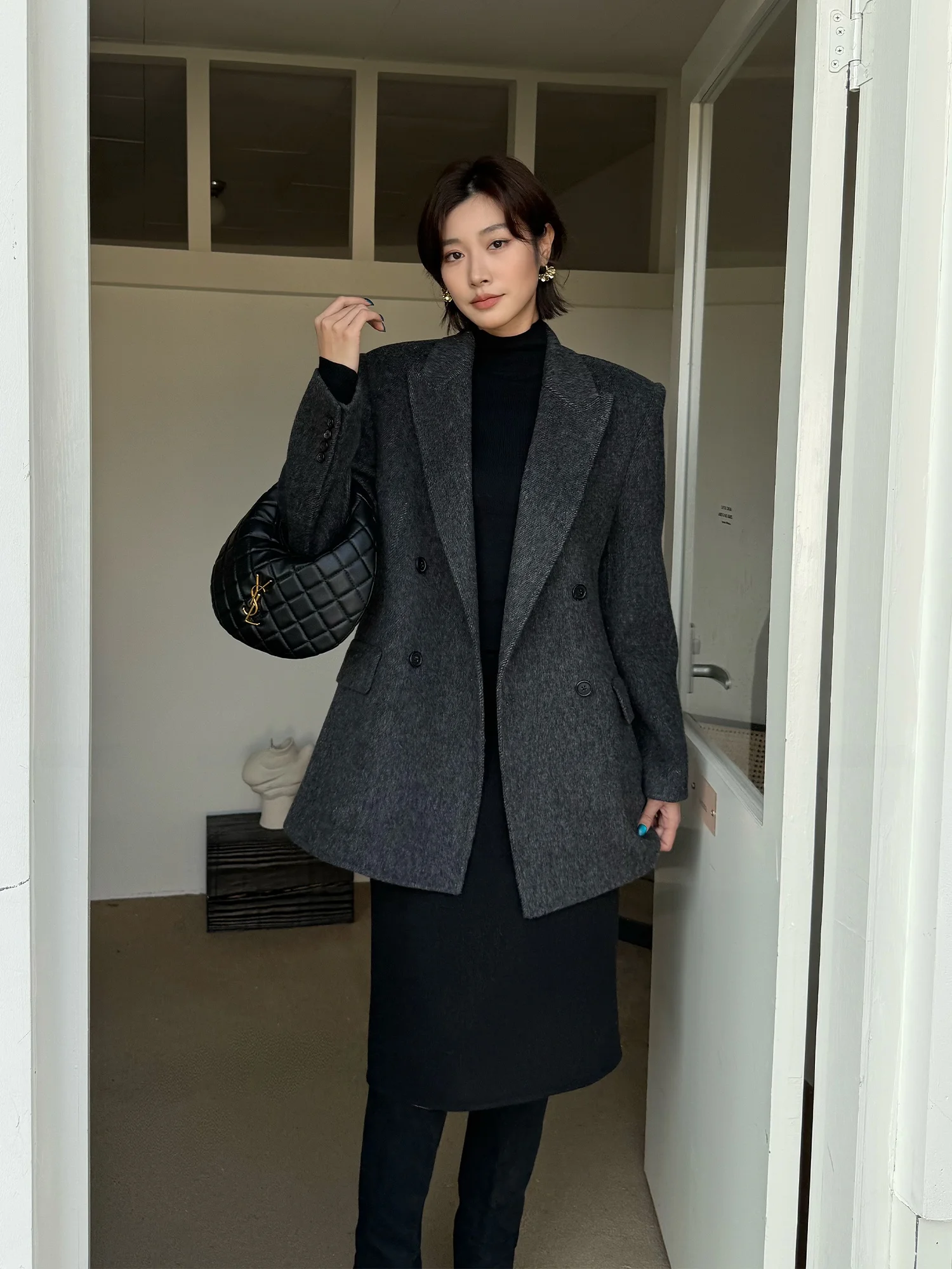 

ECLANE mat Sle Double-breasted Woolen Suit Jaet Waist-hourglass ape Double-sided Tweed Faionable Women's Coat
