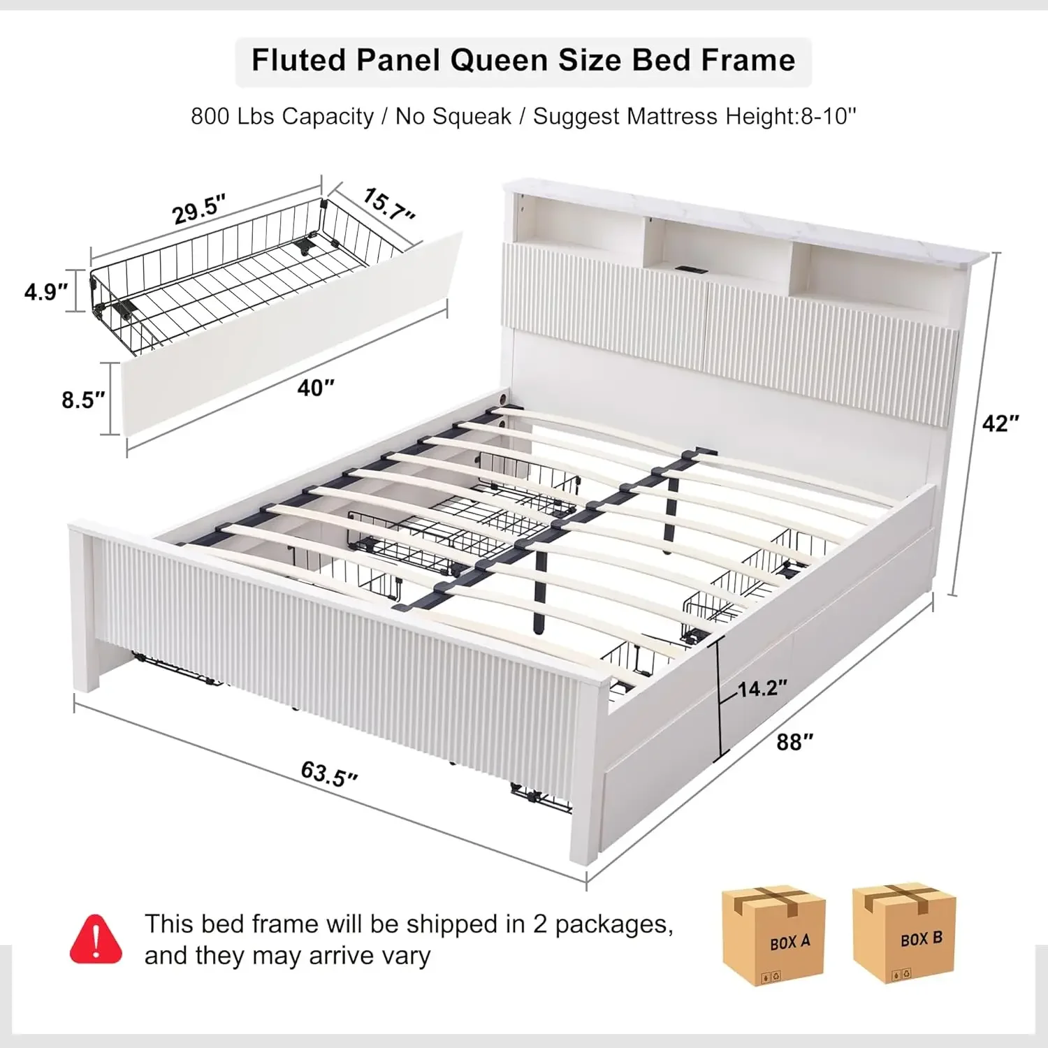 Fluted Panel Queen Bed Frame with Bookcase Headboard & Charging Station, Modern, Wood Slats Support, Noise Free,, Off White