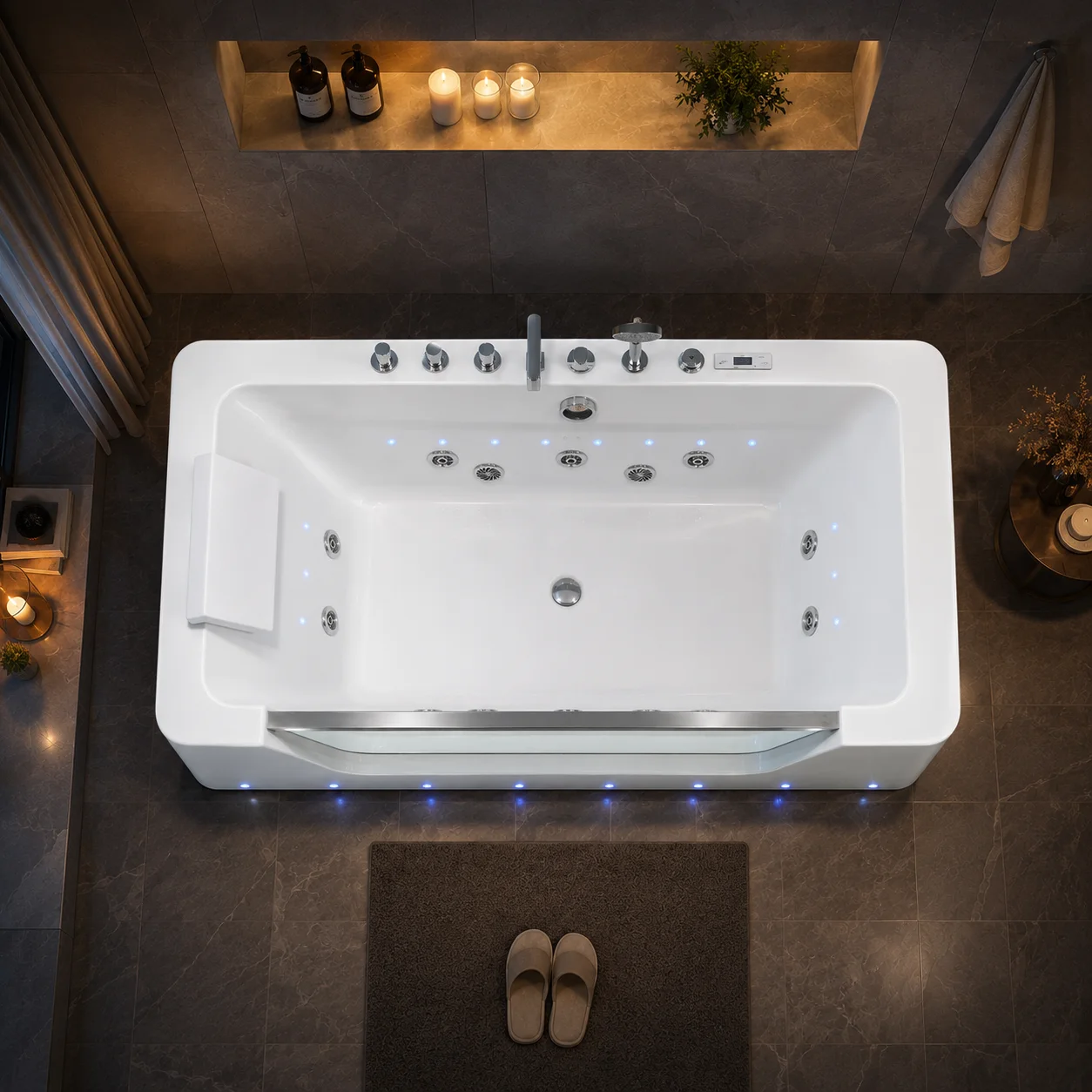 Whirlpool BathGlass Front LED Accent Acrylic Whirlpool Massage Bathtub For Hospitality Contract 170cm Digital Control Hydrothera