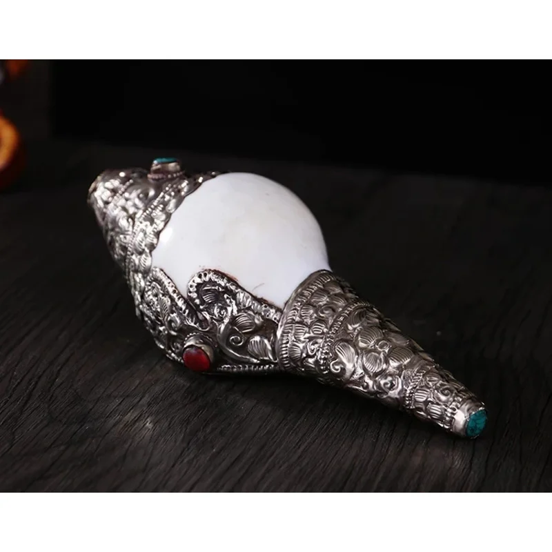 Decorative handmade Nepal Tibetan old silver a Tibetan Buddha silver inlay gem turquoise shell conch horn statue