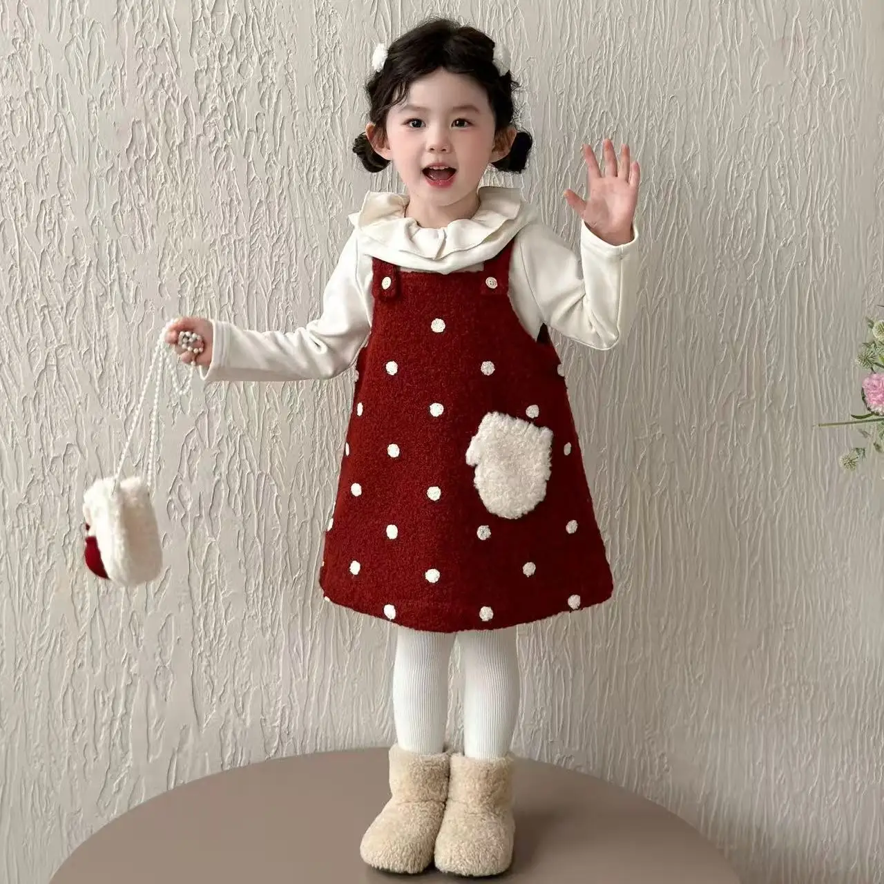 2-7 Y Kids Fleece Dress Set Winter Warm Princess Vest Dress With Love Pattern for Girls Skirt + lapel Base Layer Outfit 90-140cm