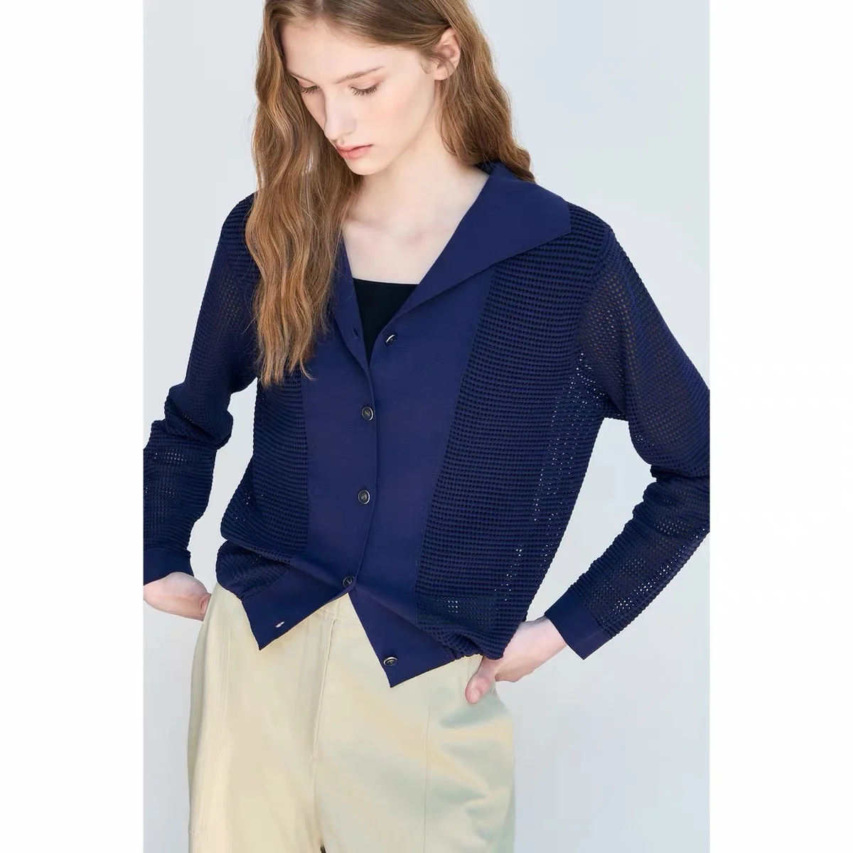 Lemon Cheese LAT26 Early Autumn Casual Loose Collar Hollow Thin Long Sleeve Knitted Cardigan Air Conditioner Shirt Women's Fa...