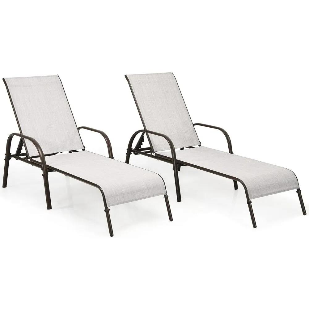 

Grey Outdoor Patio Lounge Chair Chaise Lounge Lounger Sunbathing Bed Curved Armrest 5 Adjustable Backrest Positions Steel F