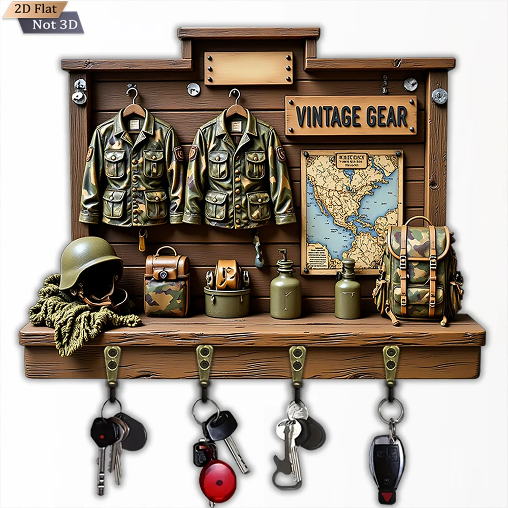 2D Flat, 1pc, Retro Military Style Key Hook, Wooden Multifunctional Home House Key Hook, with Four Metal Hooks, Wall