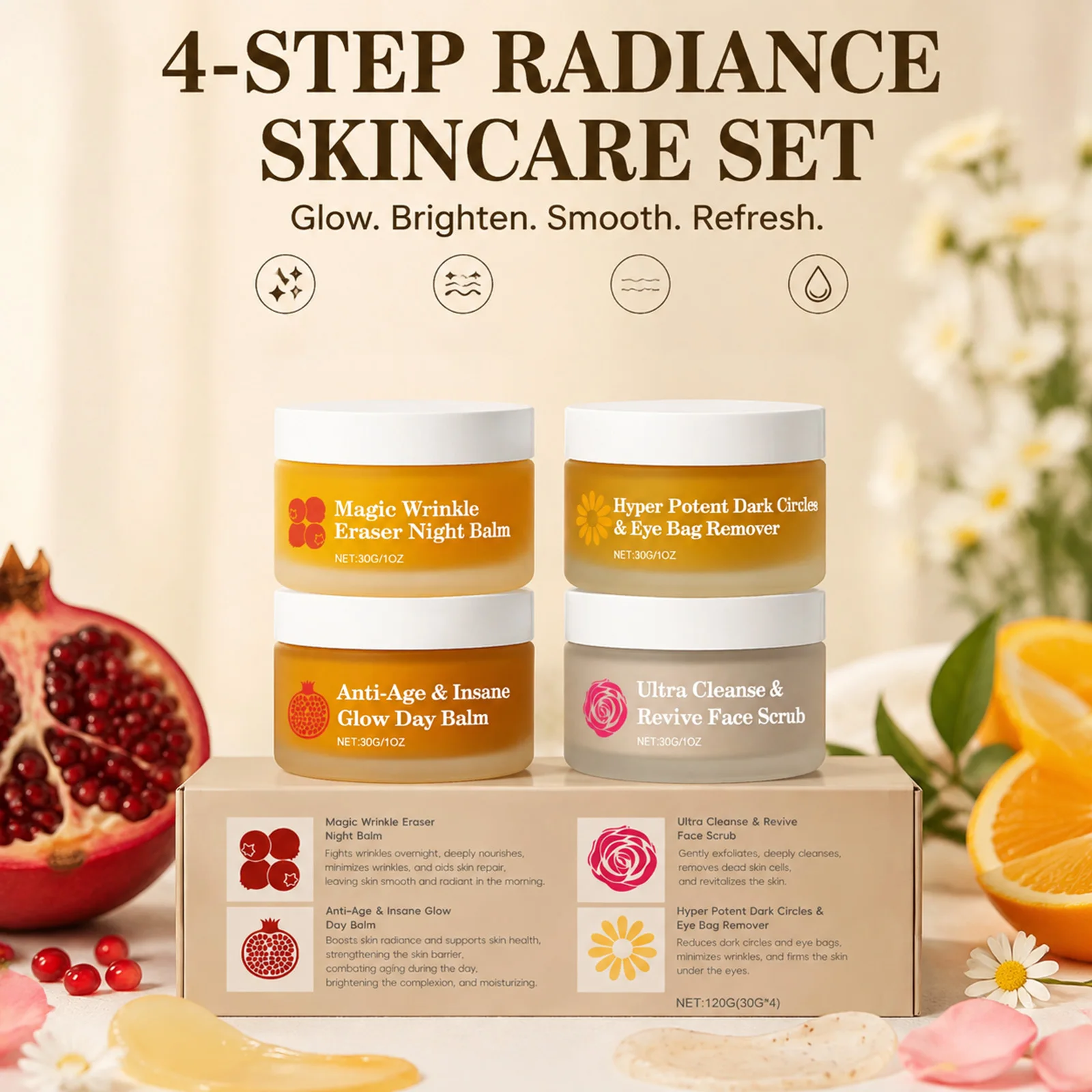 4in1 Day Night Facial Cream Set for Day Balm Night Balm Eye Cream Face Scrub Dull Rough Skin Travel Skincare Kit