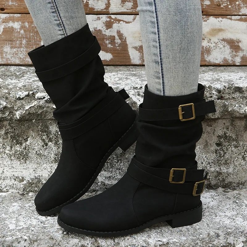 Women Boots Mid Barrel 2024 Autumn/Winter New Round Toe Flat Bottom Women's Large 43 Belt Buckle Anti Slip Comfort Fashion Boots