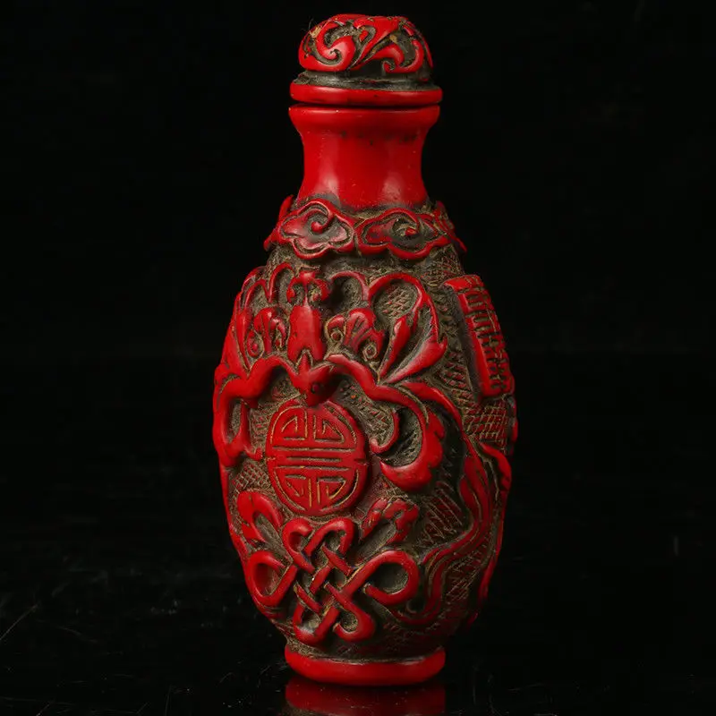 EXQUISITE CHINA RED CORAL RESIN HAND CARVED PATTERN SNUFF BOTTLE