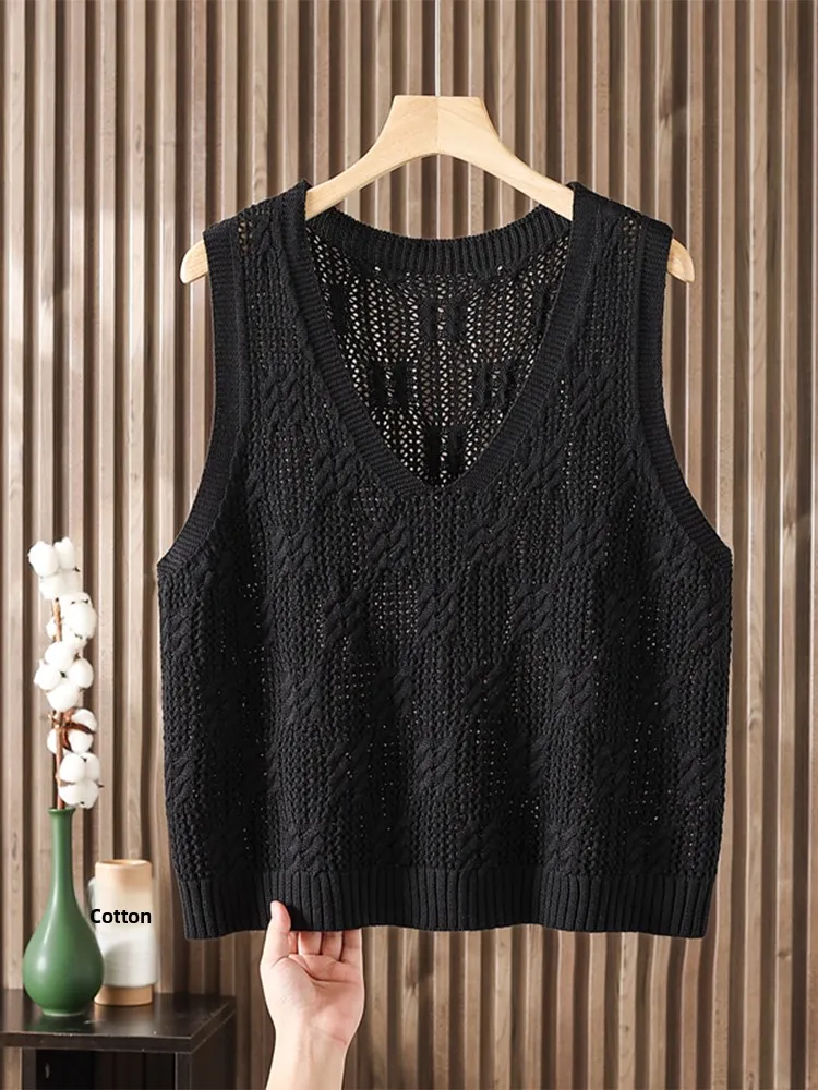 Faionable Knitted ort Sve Vest Women's Loose Large Size Openwork Knitwear Spring Autumn Thin Sle Simple Design