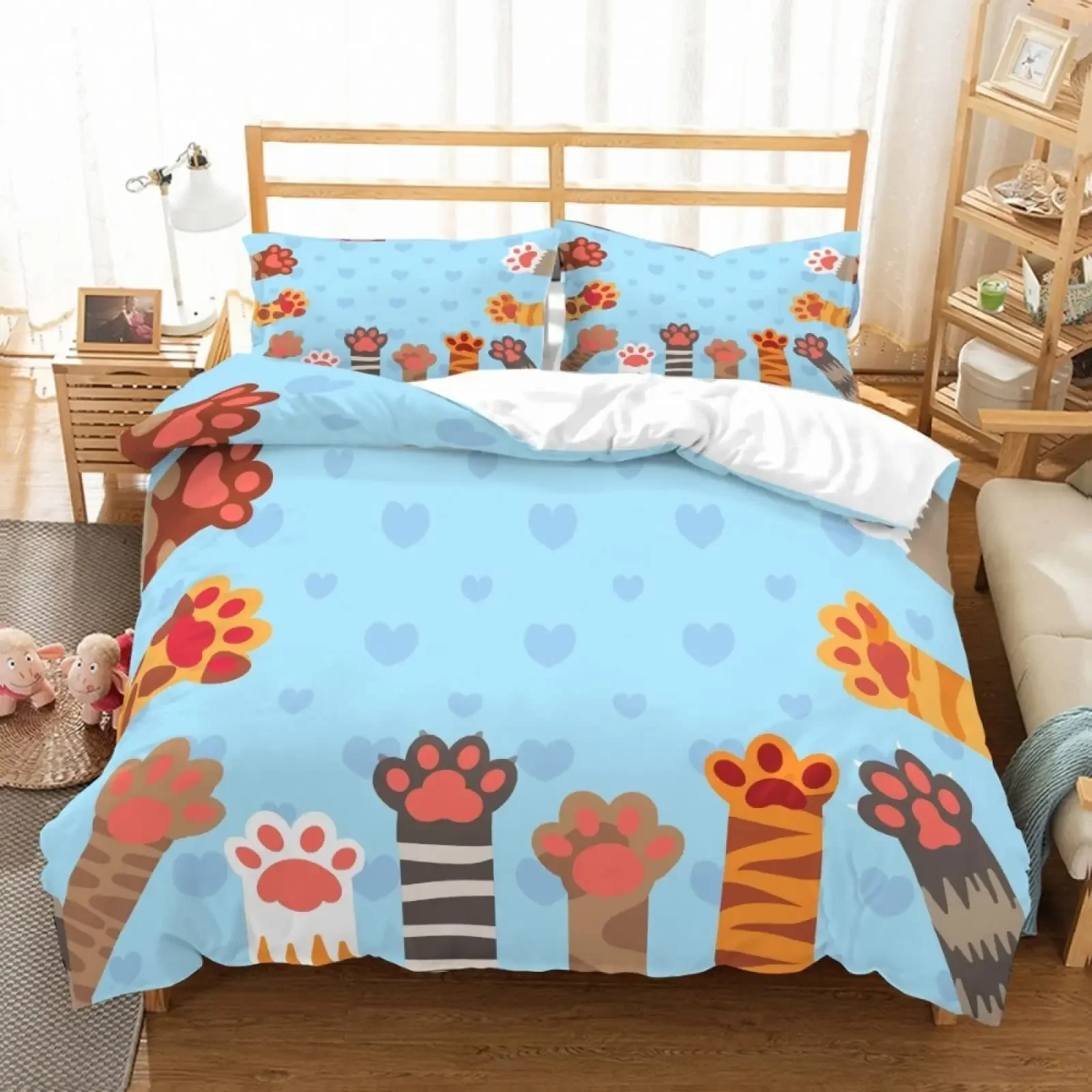 Blue Cartoon Cat Paw Print Duvet Cover for Children Boys and Girls Duvet Cover Cute Pet Cat for Bedroom Decorations Queen King