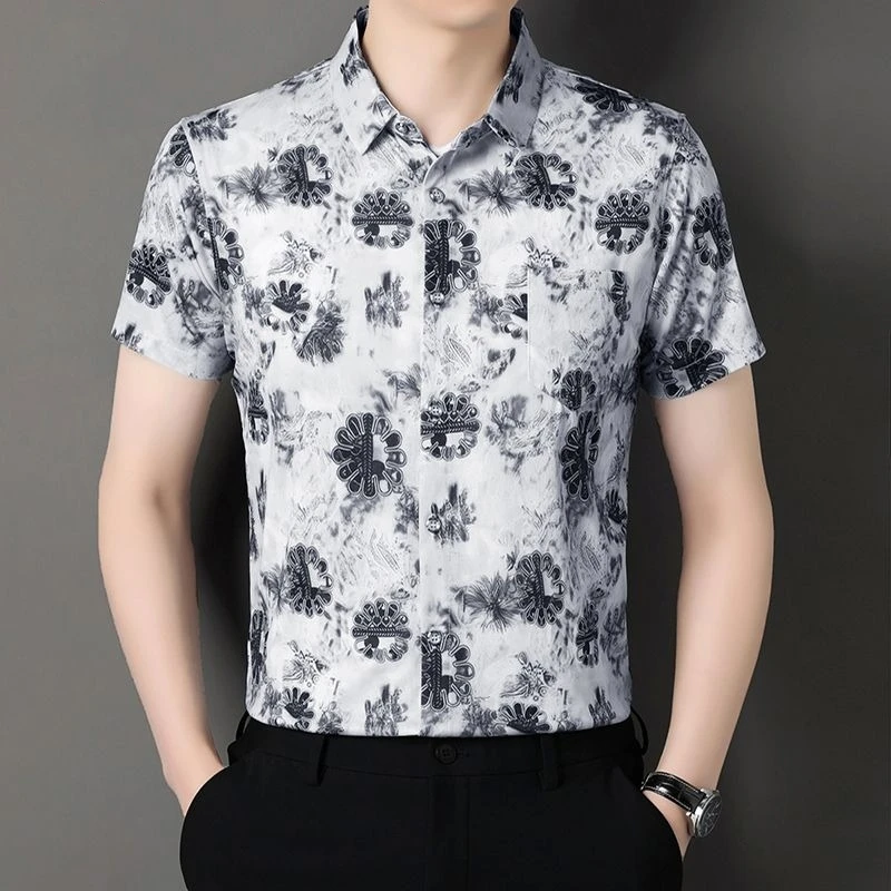 Ice Silk Hawaiian Shirts Men Short Sleeve Non Iron Wrinkle Shirt Breast Pocket Elastic Tops Youth Casual Summer Quality Clothing