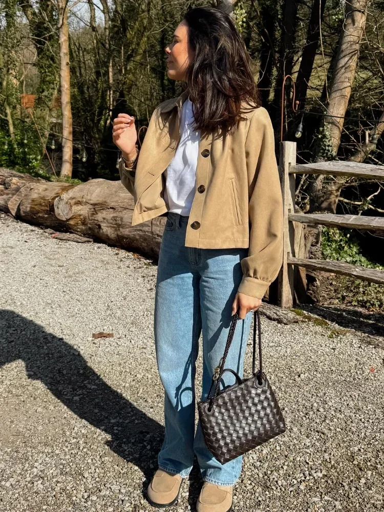 

Trendy Casual Khaki Jacket Women 2025 Elegant High Street Loose Fit Outerwear Stylish Single Breasted Lapel Pocket Overcoats