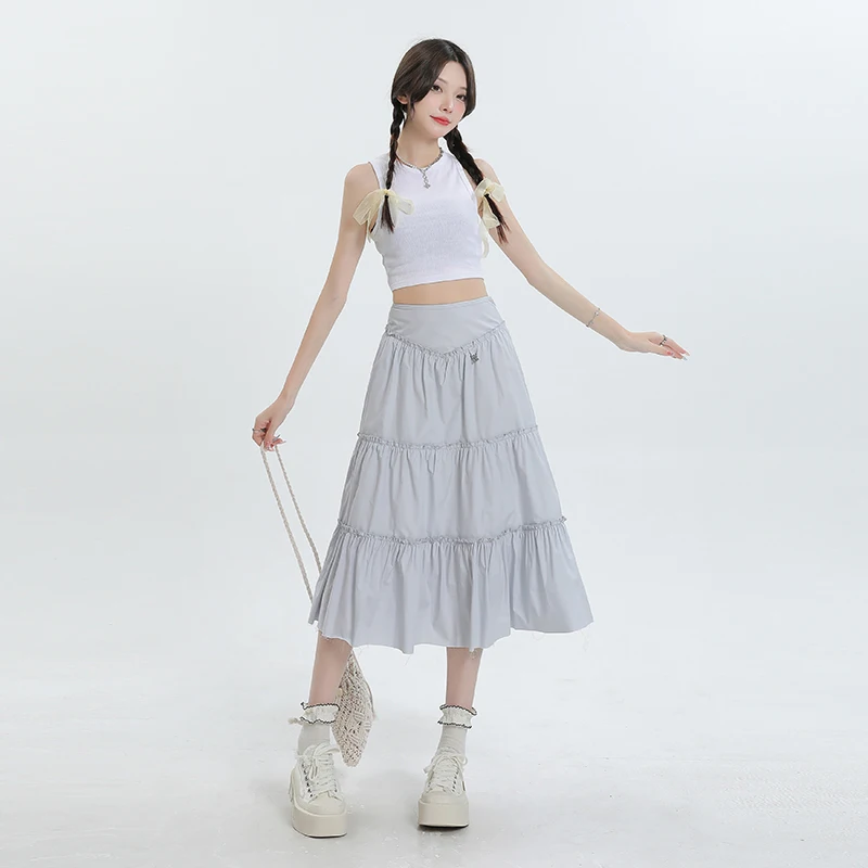 Women Long Skirt Fashion Sweet and Spicy Cake Skirt Woman 2024 New Summer Pleated Design Half Length Skirts