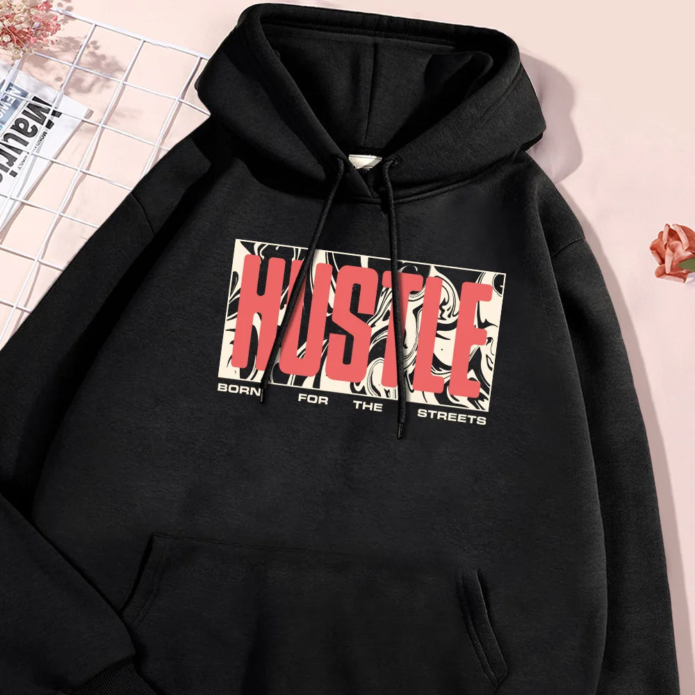 Hustle Letter Hoodie Men Simple Fleece High Quality Hoodies Flexible Pullover Casual Loose Hoody Soft Comfortable Clothing