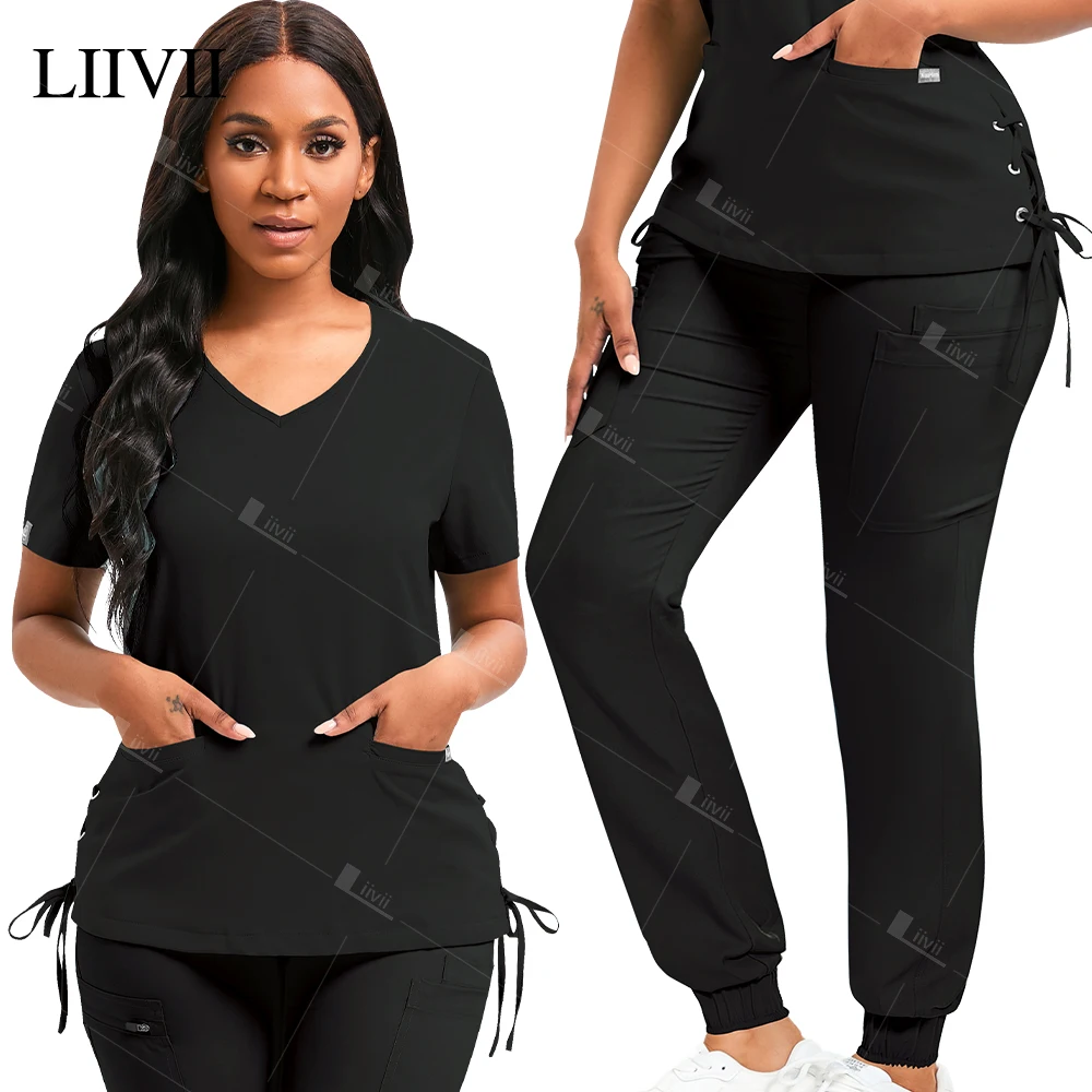 Nurse Surgical Uniform Woman Beauty Workwear Medical Scrub Set Stretch Clinical Scrubs Top+Jogging Pants Doctor Vet Nursing Suit