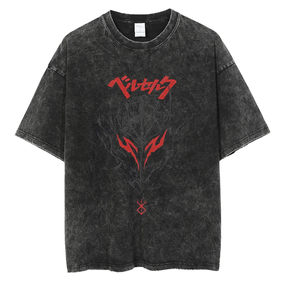 

Berserk Anime Clothing Guts Print Vintage Tee Men Women Manga Tshirts Washed Cotton T Shirt Harajuku Male Yk2 Plus Size T-shirt