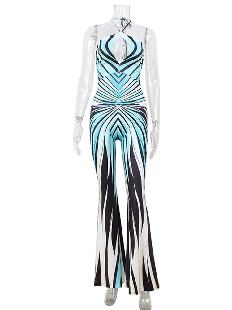 Ahagaga Fashion Printed Women Jumpsuits Halter Bandage Hollow Out Striped Skinny Flare Pants Sexy Streetwear Rompers Female