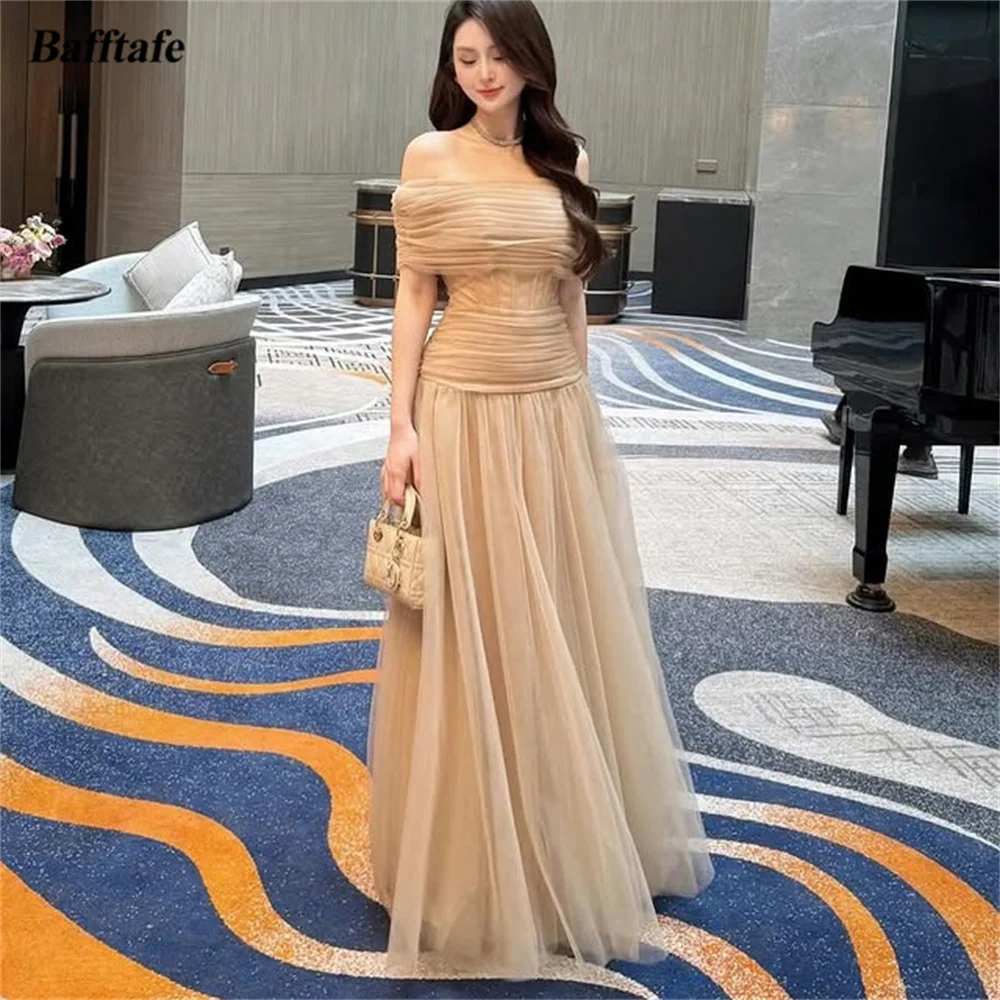 

Bafftafe Тюль цвета шампанского Корейские платья для выпускного вечера Индивидуальные длинные вечерние платья с открытыми плечами Вечернее платье для особых случаев