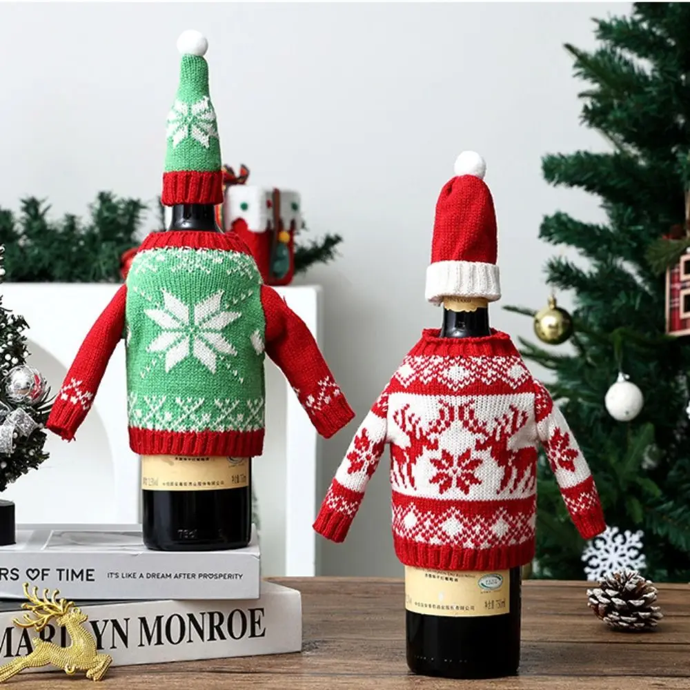 Cute Elk Wine Bottle Cover Reusable Cover Snowflake Christmas Knitted Bottle Cover Santa Claus Reindeer Beer Bottle Cover Gift