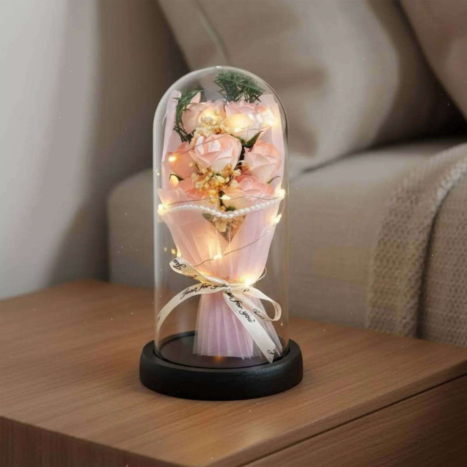 

Soap Flower Centerpiece Long Lasting Flower Arrangement in Glass Dome Charming Flower Display Maintenance Effortless Lighted