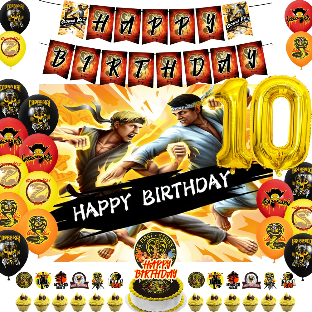 

Cobra Kai Theme Birthday Party Balloon Banner The Karate Kid Saga Continues Background Cake Topper Decoration Supplies Boys Gift