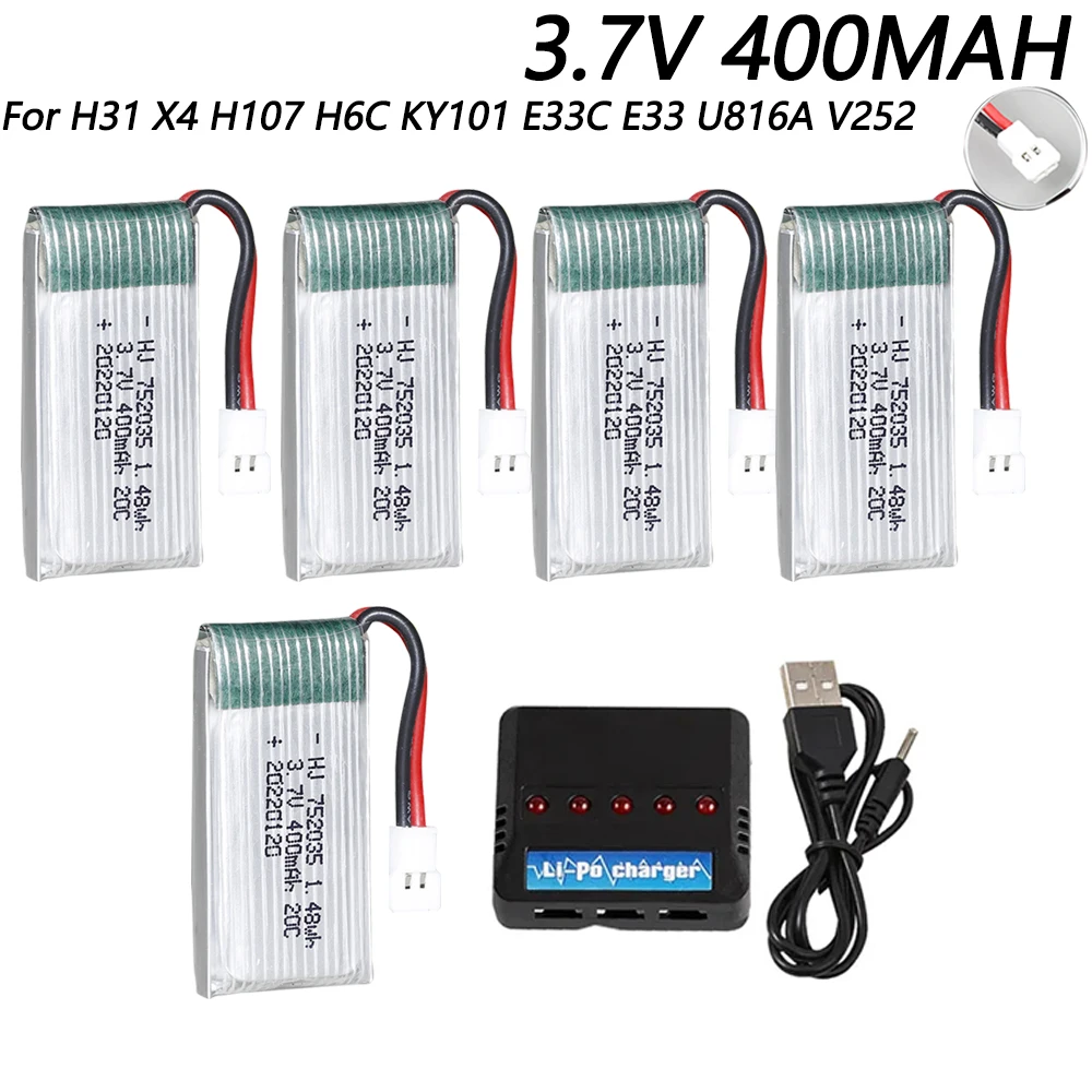 3.7V 400mAh Lipo Battery For X4 H107 H31 KY101 E33C E33 U816A V252 H6C RC Drone Spare Parts 3.7V 1S Battery with XH2.54 Charger