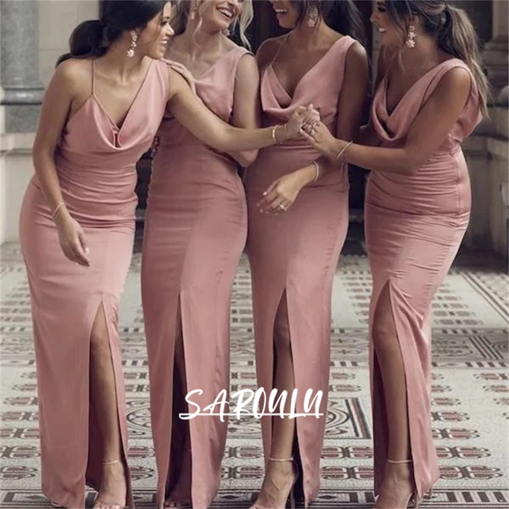 Dusty Pink Satin Bridesmaid Dress With Side Slit Floor Length Wedding Guest Dresses Wedding Party Gown robes invitée mariage