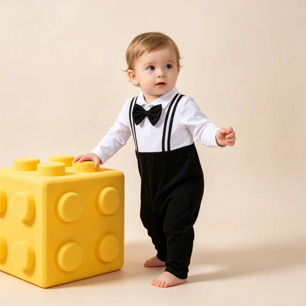 Baby Boy Gentleman Romper Long Sleeve White Black Navy Fake Suspender Jumpsuit Bow Tie Infant Formal Outfit for Birthday Party