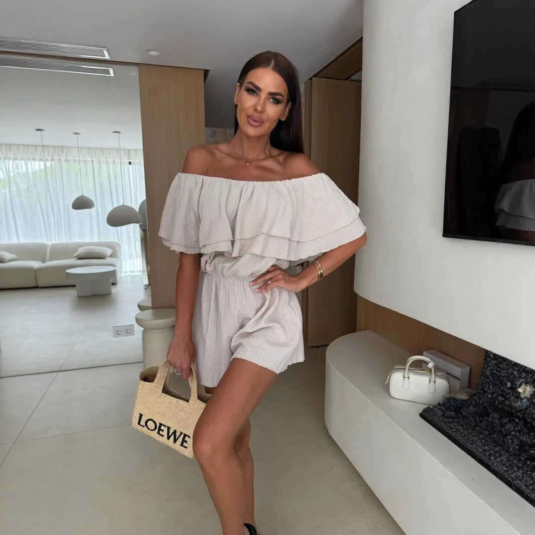 

Fashion Double-layered Ruffle Edge Vacation Jumpsuits Women 2025 Summer New Sexy Off Shoulder Short Romper Solid Color Playsuits