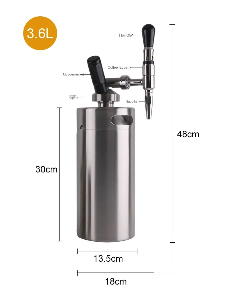 3.6L Nitrogen Coffee Machine Beverage Machine Metal Barrel Pot