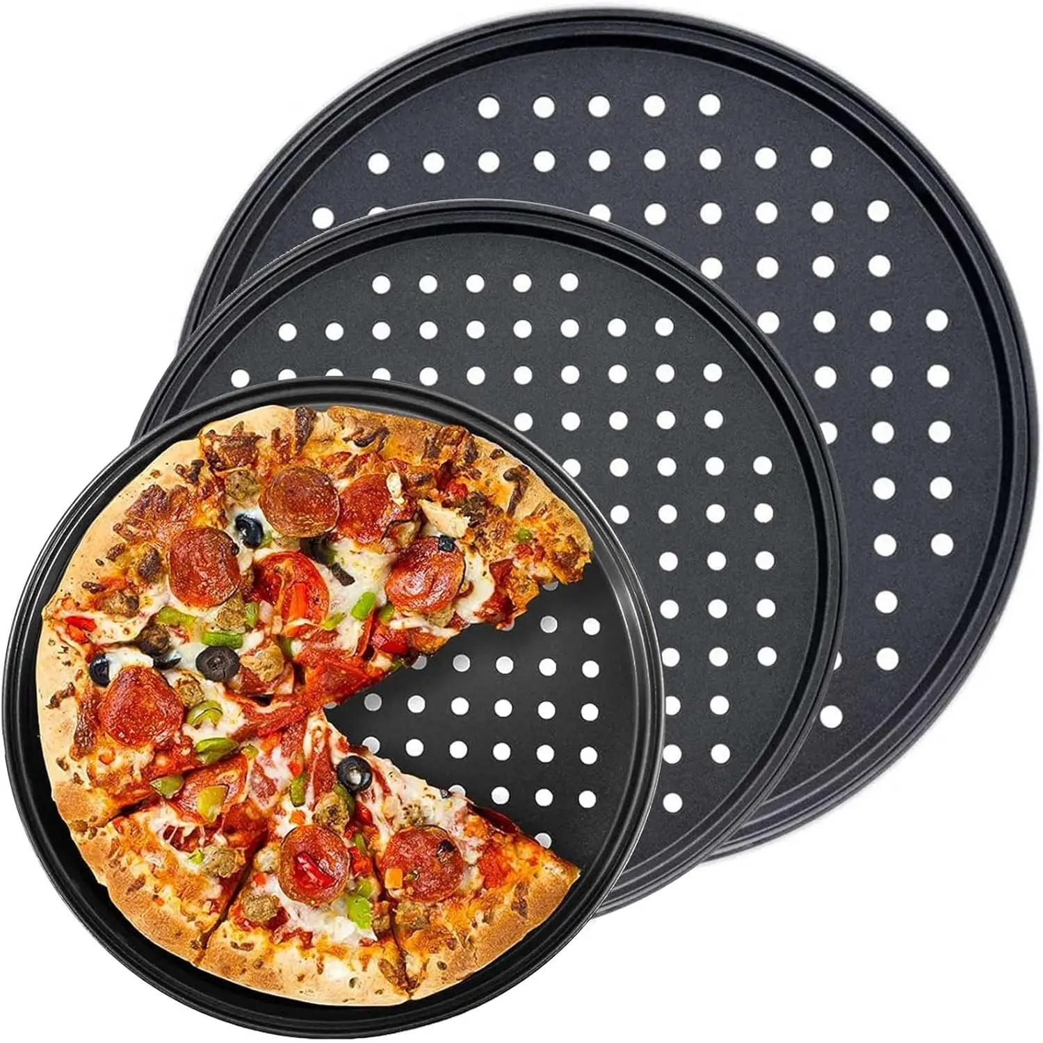 

Carbon Steel Pizza Pan with Holes, for Oven Baking Supplies & Home, Kitchen, Restaurant（9 Inch &10 Inch &12 Inch）