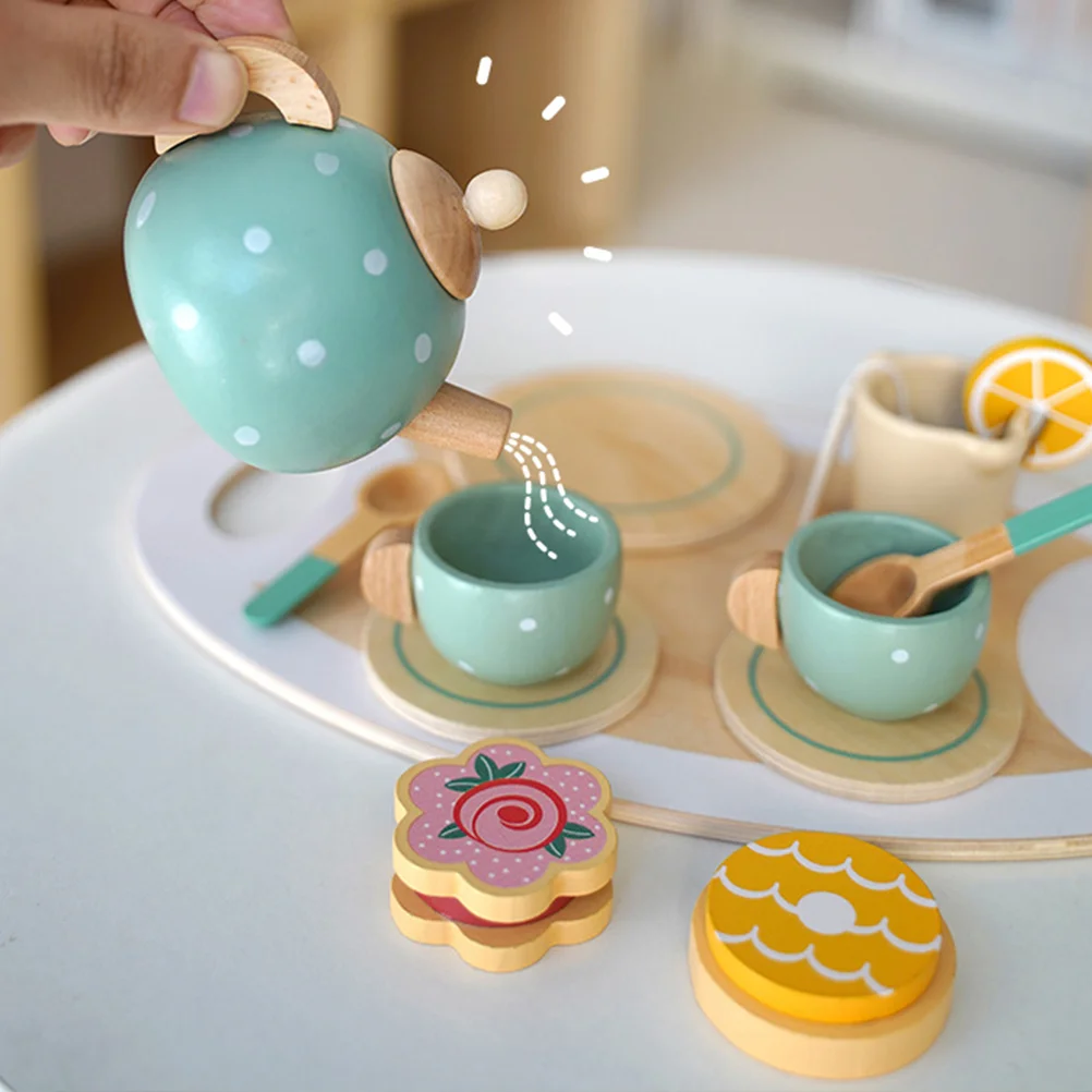 Household Tea Set Toys Preschool Childrens Kids Kitchen Playset Wooden Miniature Teaware