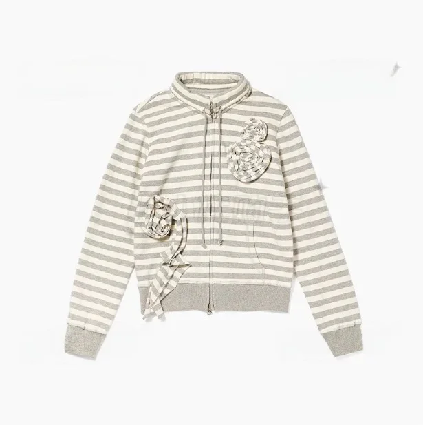 Openyy vroege lente nieuwe 3d Rose Flower Stripe kleur Blo dubbele rits sweatshirt ort Jaet casual katoenen damesjas