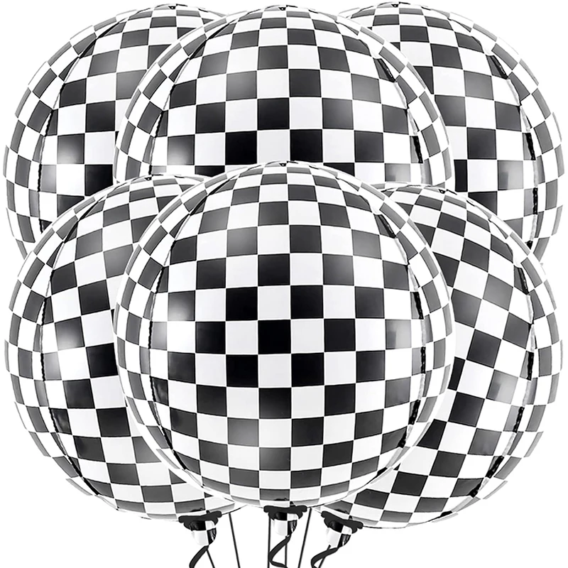 6 Pcs Black White Checkered Foil Balloons 22 Inch 4D Sphere Race Car Checker Helium Balloons Racing Themed Birthday Party Decor