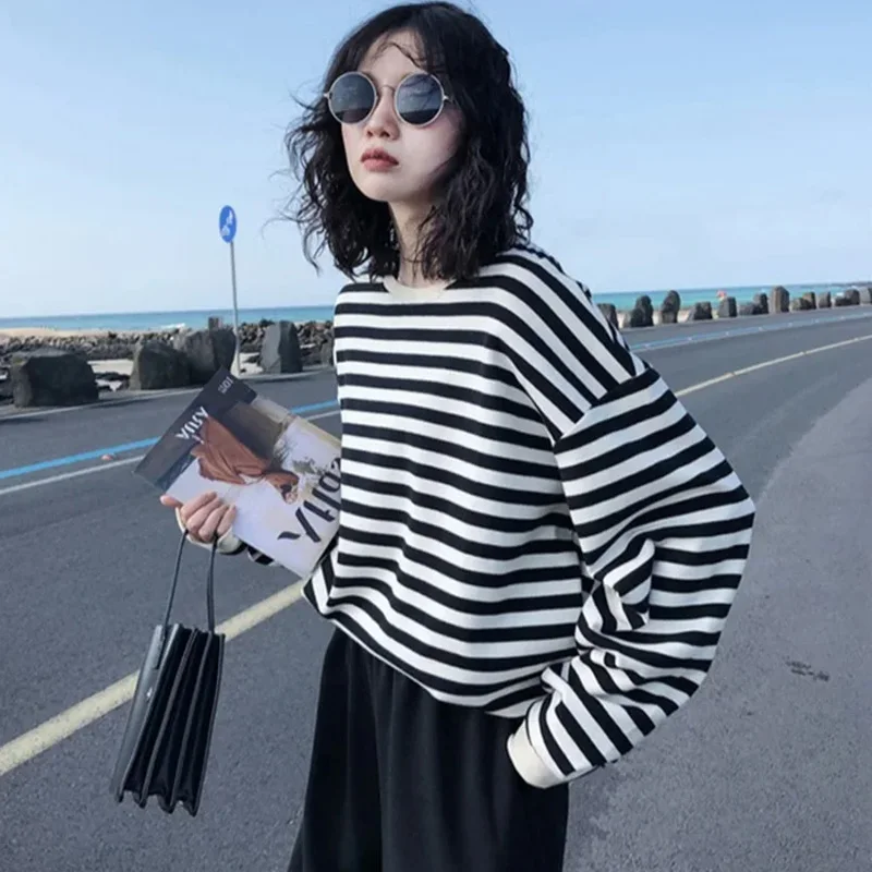 

New autumn hoodies Women casual loose Long Sleeve O Neck Pullovers vintage Stripe Patchwork Sweatshirts thin y2k Tops streetwear