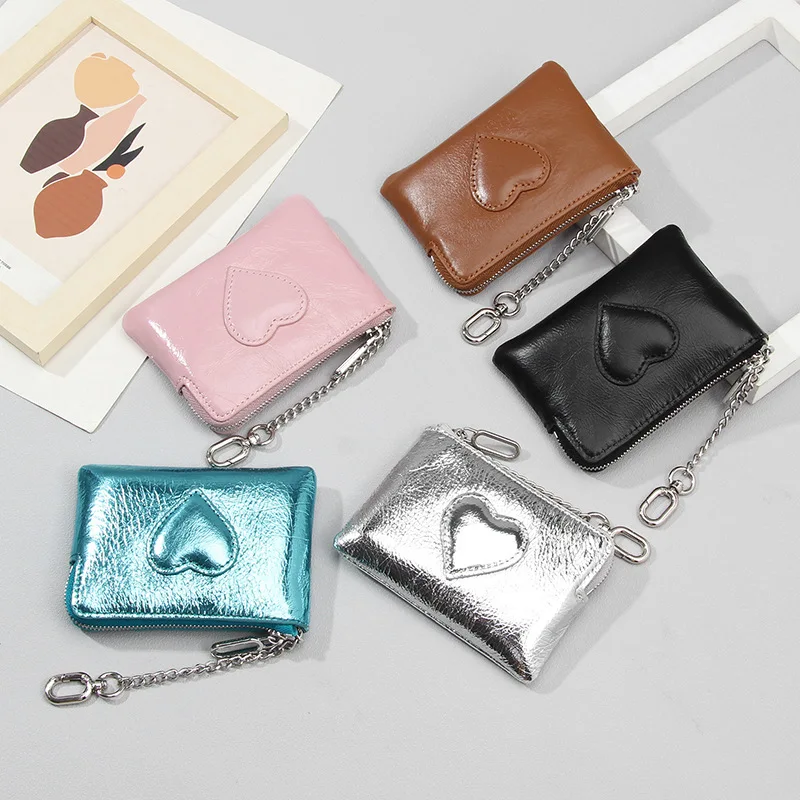 Vintage Oil Wax Genuine Leather Women's Coin Purse, Heart-shaped Keychain Wallet, Mini Zipper Change Pouch for Women Fashion