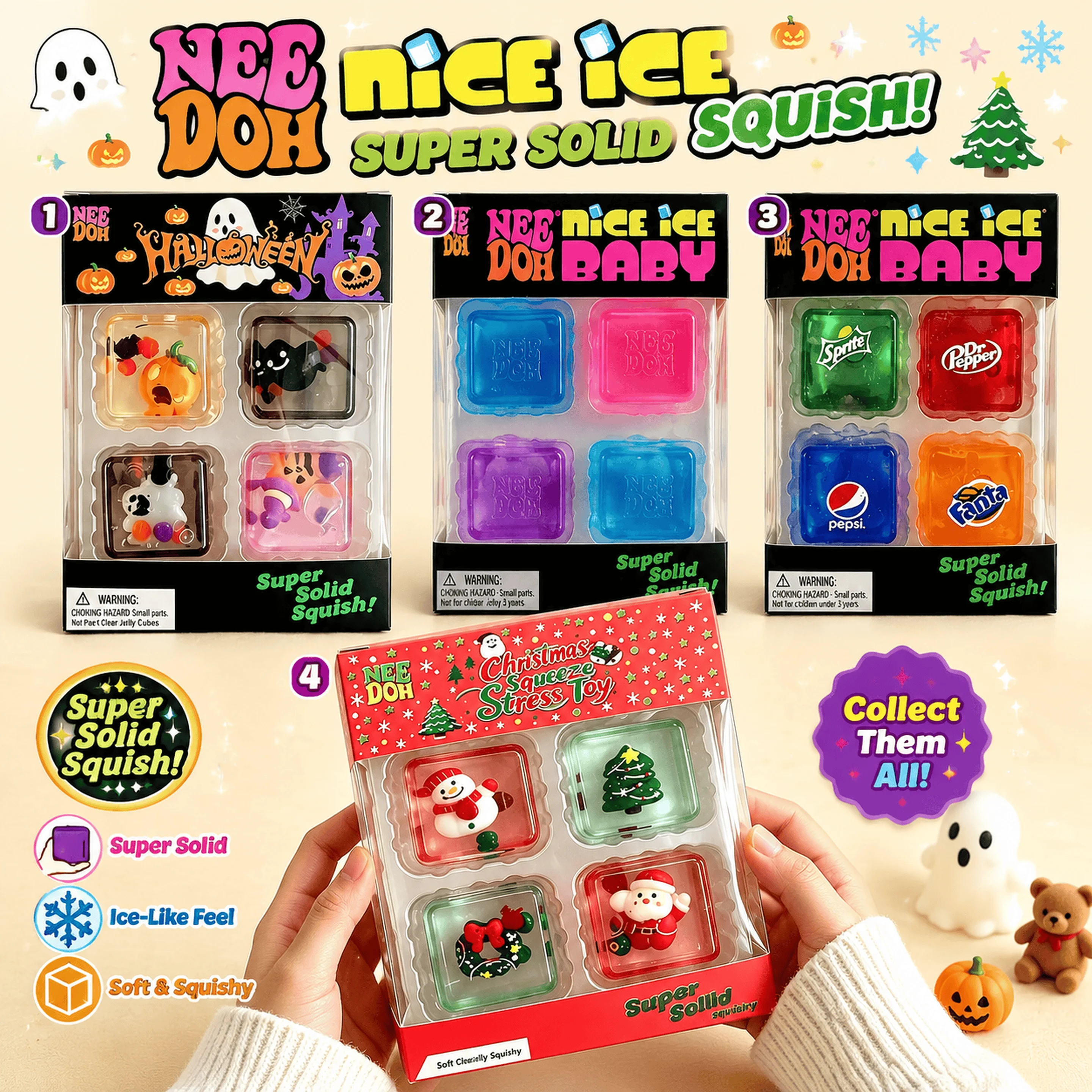 2026 New NeeDoh Mini 4 Pack Nice Cube Squishy Squeeze Fidget Toy Stress Relief Anti‑Anxiety Sensory Toy Holiday Gift
