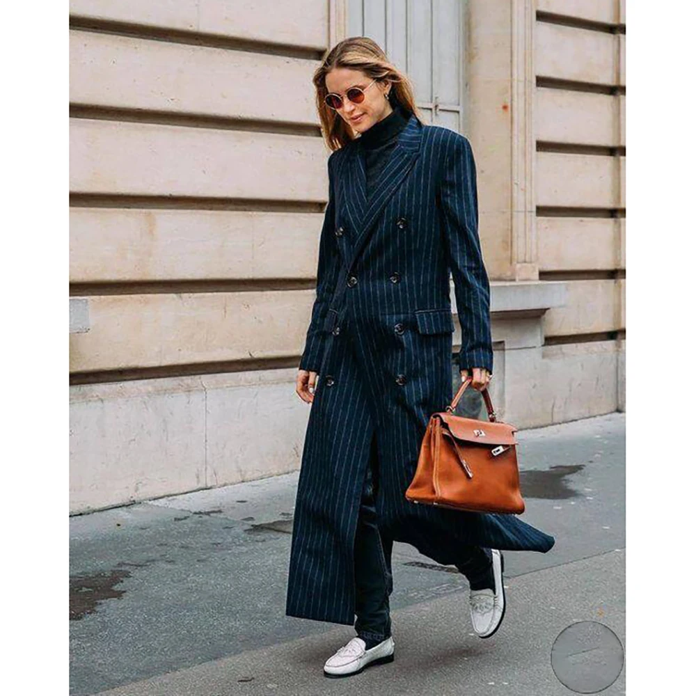 Blue Stripe Women Long Jacket Elegant Fashion Loose Double Breasted Female Daily Coat Formal Ankle Length Dress jaqueta feminina