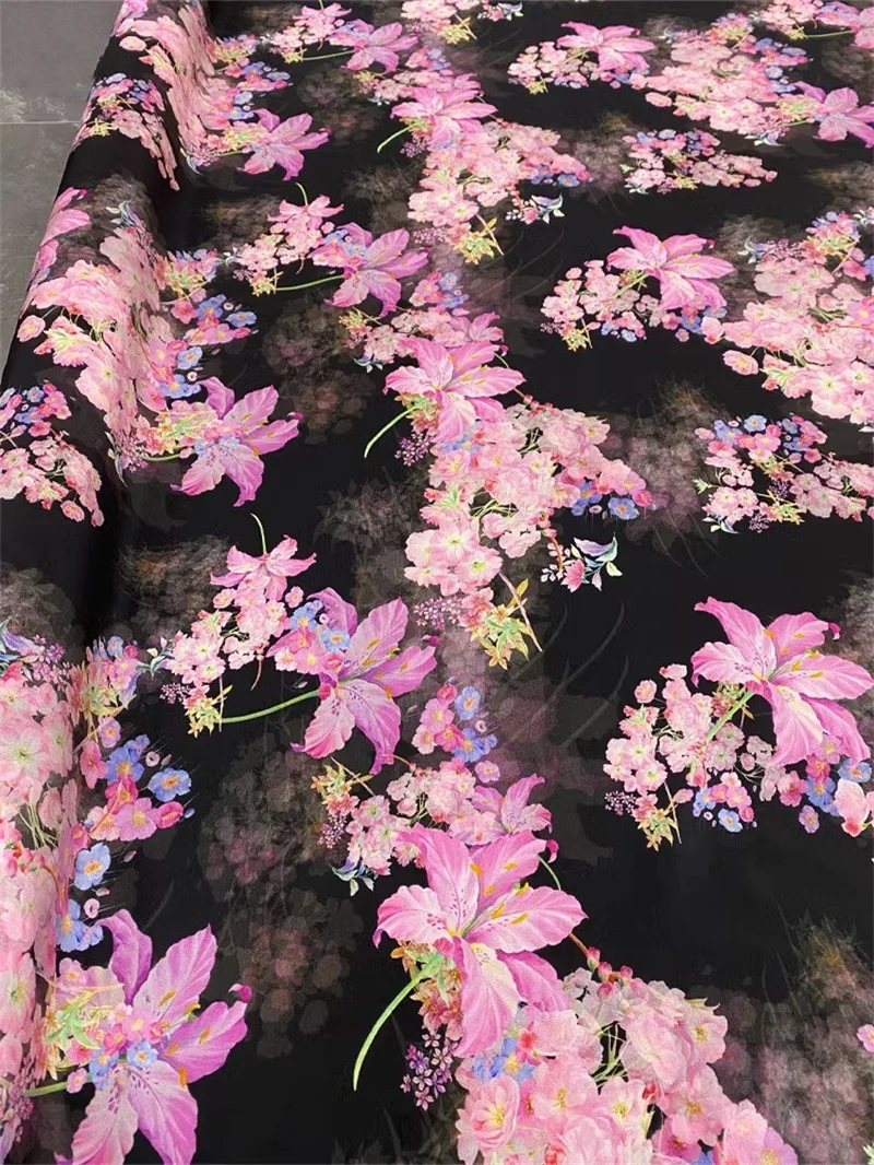 Crepe De Chine Wide 140cm Mulberry Silk Fabric Black Background Elegant Floral Printed Shirt Dress High-end Fabric By The Yard