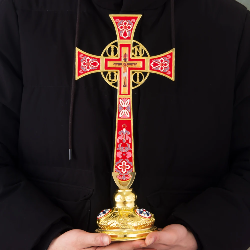 

New Orthodox Cross Blessing Cross With Stand For Church Home Decoration Passion of Jesus Icon Red and Blue Enomal Cross Box Gift