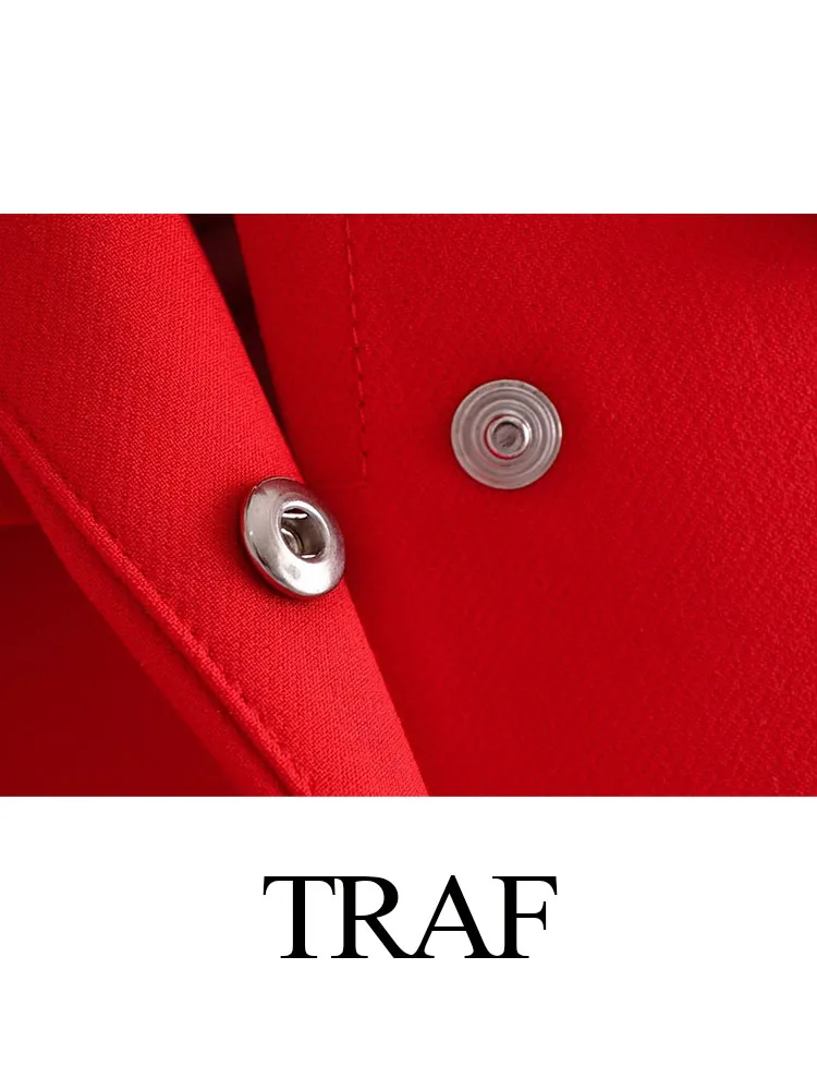 TRAF 2023 Autumn Women Fashion Red Single Breasted Turn Down Collar Coats+Woman Chic Casual Office Lady Slim Pants 2 Pieces Set