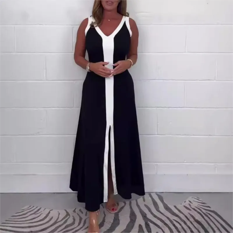 

Casual Panelled Women Sling Dress V-neck Sleeveless Backless Split Loose Female Long Dresses 2025 Summer New Fashion Lady Robe