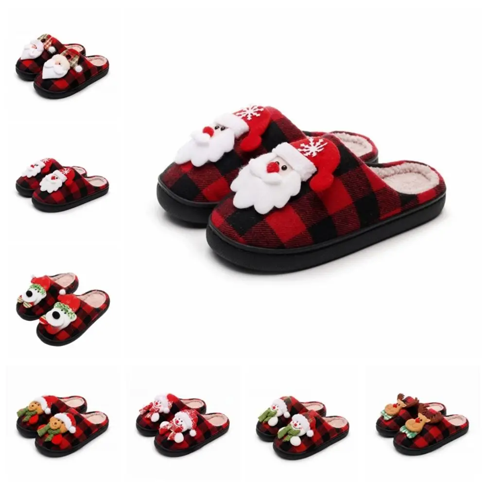 Gifts Bear Christmas Slippers Santa Claus Deer Fuzzy Slippers Plaid Pattern Anti Slip Indoor Slippers Winter view 5